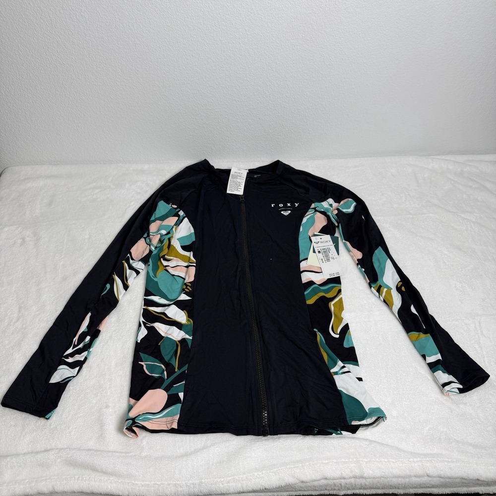 Roxy Printed Beach Classics Zip-Up Long Sleeve Rashguard Black Size Large NWT